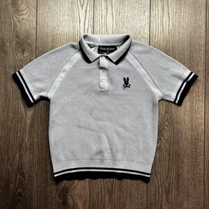 Psycho Bunny Boys Grey Waffle Knit Polo Shirt Navy Trim Size 7-8 S/P